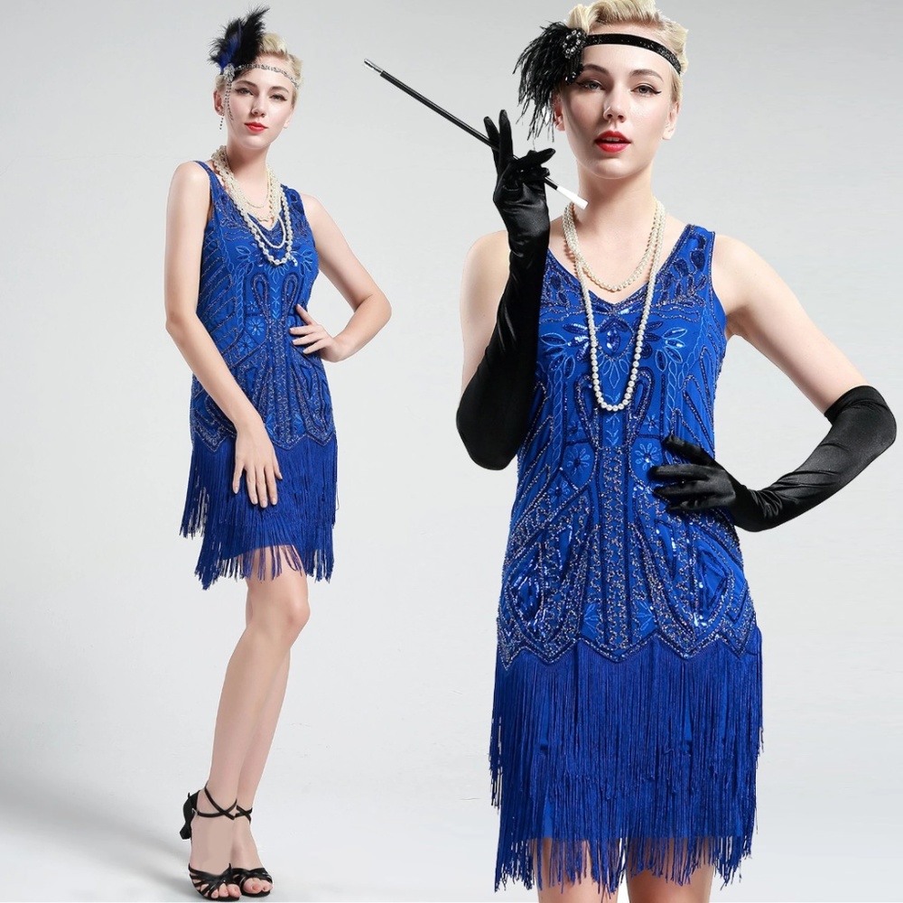 Cobalt Blue Sleeveless Flapper Beaded and Sequined